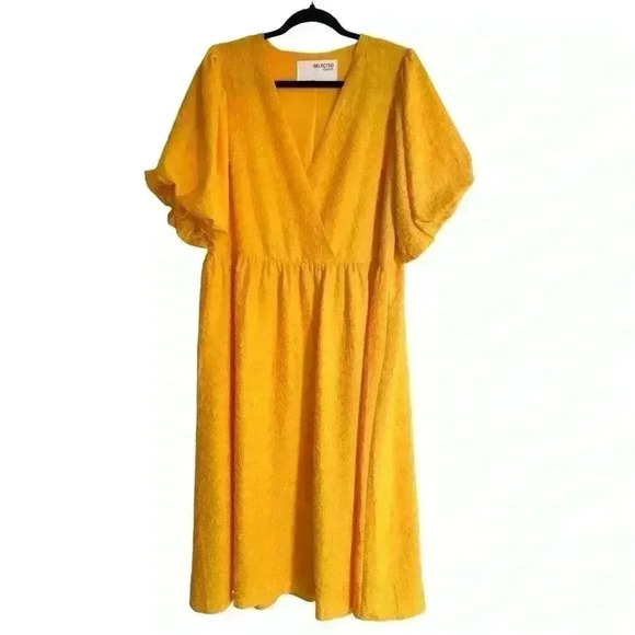 SELECTED FEMME Lissy Textured Middy Dress in Citrus Yellow Women's Size Large XL - Picture 2 of 7